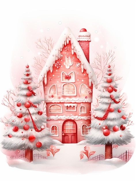 c'è una casa rossa con un albero di Natale e un pupazzo di neve ai generativa