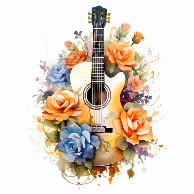 c'è una chitarra con dei fiori attorno su uno sfondo bianco generativo ai