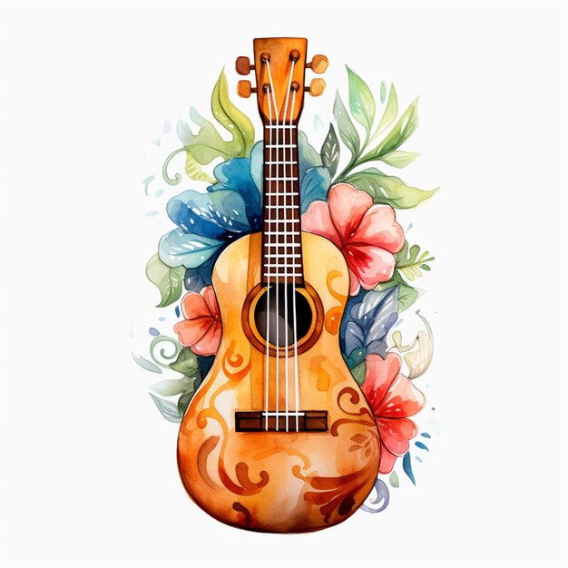 c'è una chitarra con un disegno floreale su di essa generativo ai