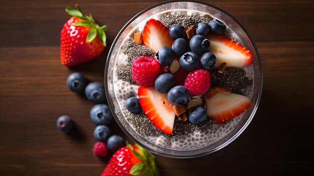 c'è una ciotola di budino di chia con frutti di bosco e mirtilli. AI generativa