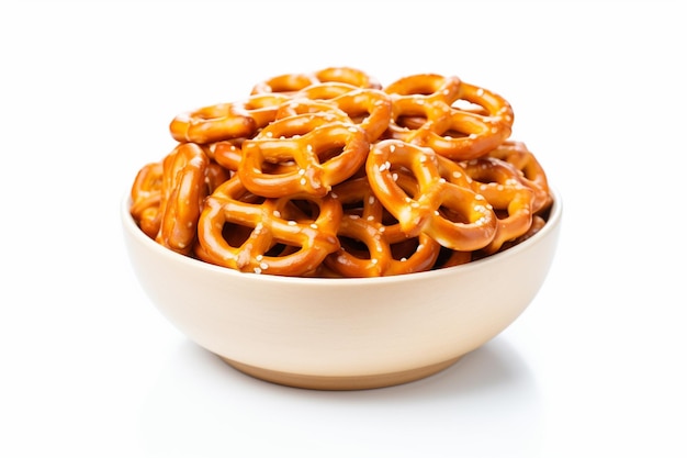 c'è una ciotola di pretzel con uno sfondo bianco ai generativo