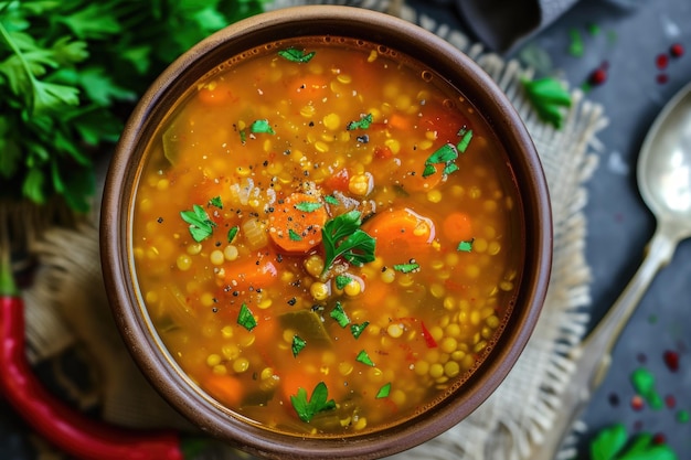 C'è una ciotola di zuppa con carote e piselli.