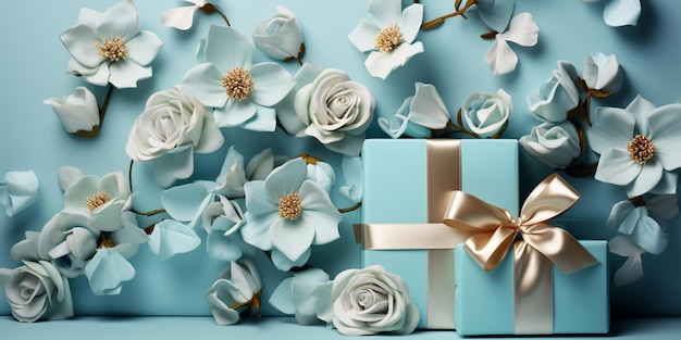 C'è una confezione regalo blu con un nastro d'oro e fiori generativi ai