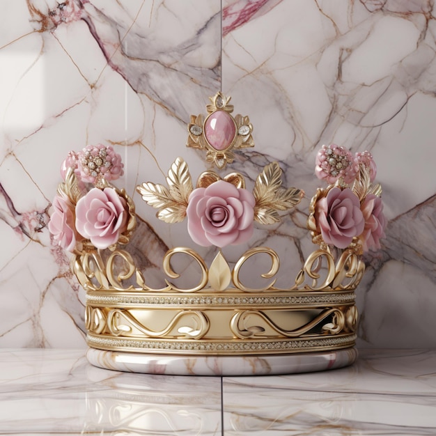 C'è una corona d'oro con rose rosa su un contatore di marmo generativo ai
