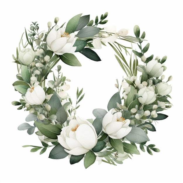 c'è una corona di fiori bianchi e foglie verdi su uno sfondo bianco generativo ai