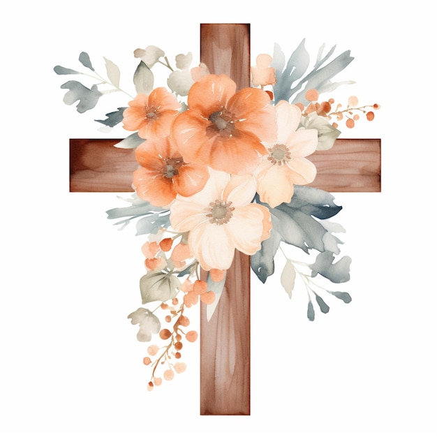 c'è una croce con fiori sopra e una croce di legno generativa ai