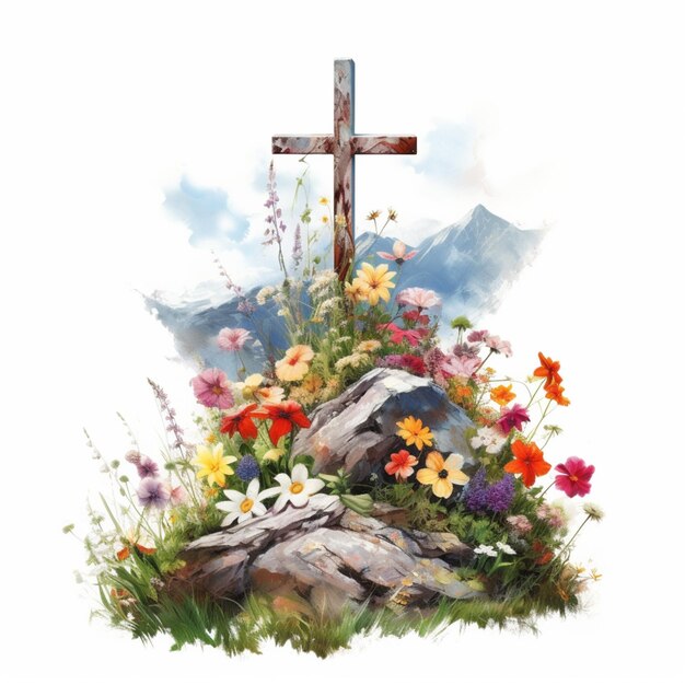 c'è una croce su una roccia con fiori e uno sfondo celeste generativo ai
