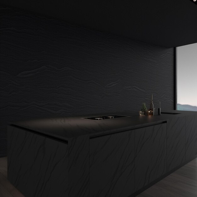 c'è una cucina nera con un bancone nero e una finestra generativa ai