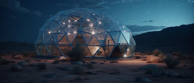 c'è una cupola di vetro con una luce all'interno nell'ai generativa del deserto