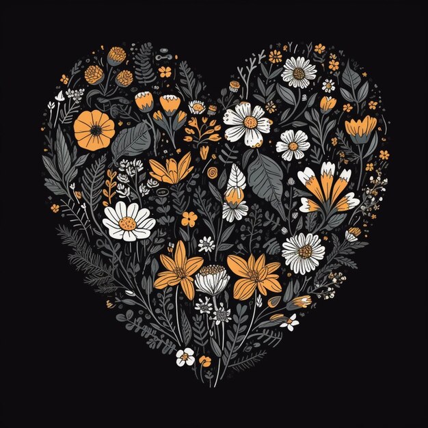 C'è una disposizione di fiori a forma di cuore su uno sfondo nero ai generativo