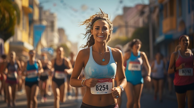 c'è una donna che corre in una gara con altre persone AI generativa