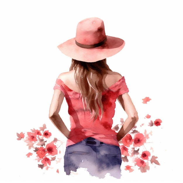c'è una donna che indossa un cappello e una maglietta rosa generativa ai