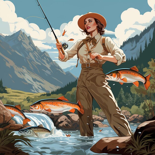 C'è una donna che pesca in un fiume con un pesce generativo.