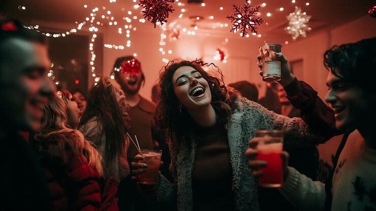Foto c'è una donna che ride e tiene un drink