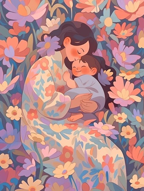 C'è una donna che tiene in braccio un bambino in un campo floreale ai generativo