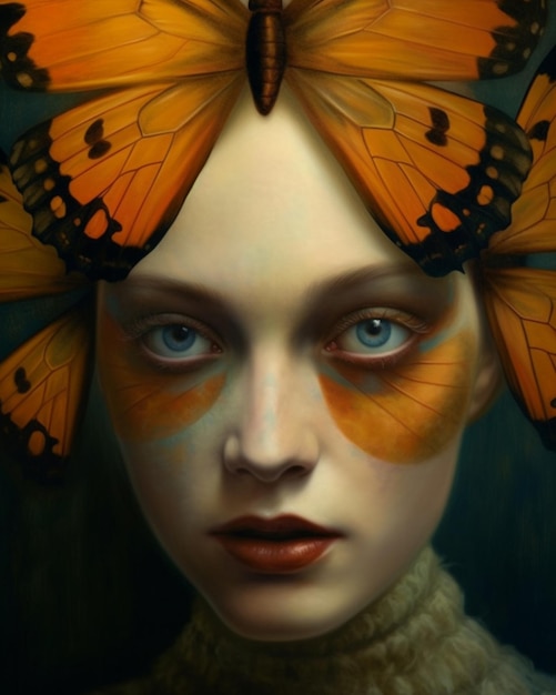 C'è una donna con farfalle sulla testa e una farfalla sulla testa generativa ai