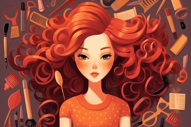 C'è una donna con i capelli rossi e le forbici davanti a un ciuffo di capelli generativi ai