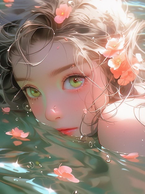 C'è una donna con i fiori nei capelli che galleggia nell'acqua generativa ai