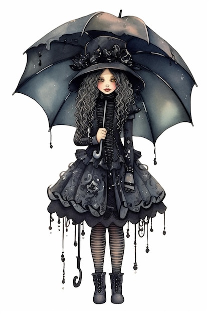 C'è una donna con un ombrello nero e un vestito nero generativo ai