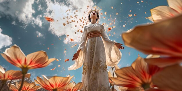 C'è una donna con un vestito bianco in piedi in un campo di fiori generativo ai