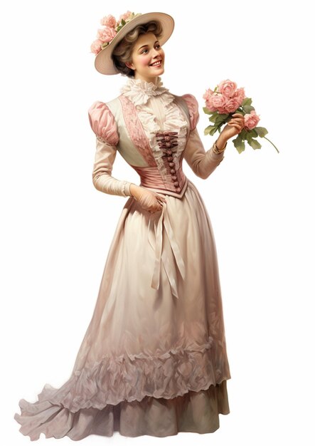 C'è una donna con un vestito e un cappello che tiene un bouquet generativo ai