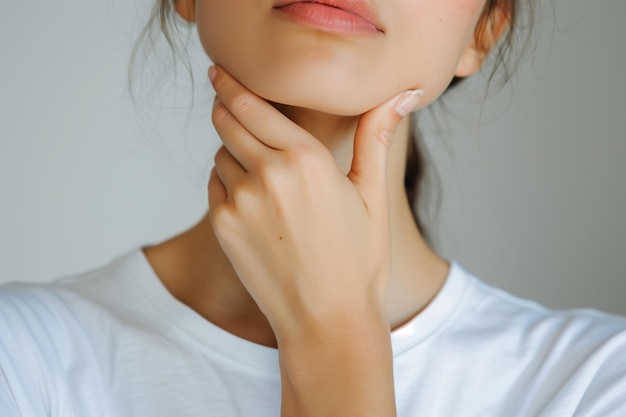 c'è una donna con una camicia bianca che tiene la mano al mento generativo ai