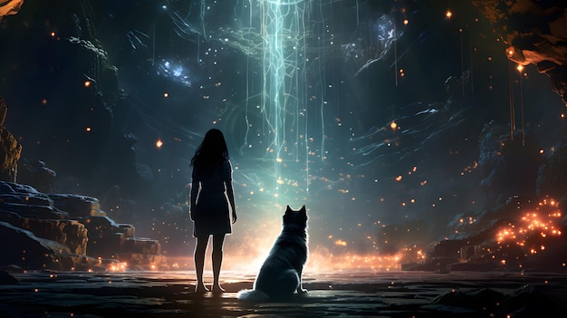 c'è una donna e un cane in piedi in una grotta AI generativa