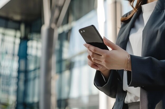 c'è una donna in abito da lavoro che tiene un cellulare generativo ai