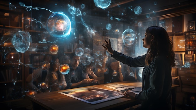 c'è una donna in piedi davanti a un tavolo con bolle di intelligenza artificiale generativa