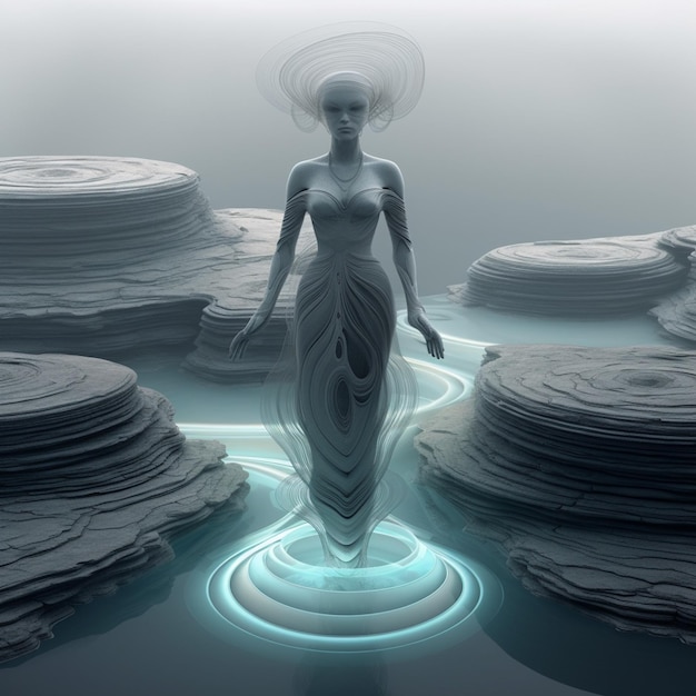 C'è una donna in piedi in un corpo d'acqua con un halo generativo ai