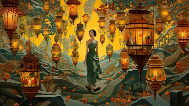 C'è una donna in piedi in una foresta con lanterne generative ai
