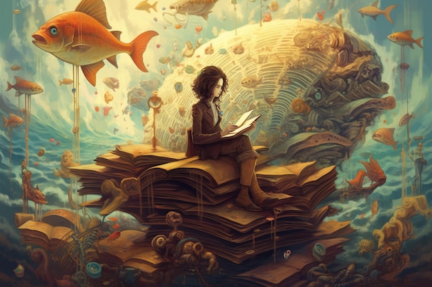 C'è una donna seduta su un libro davanti a un pesce generativo ai
