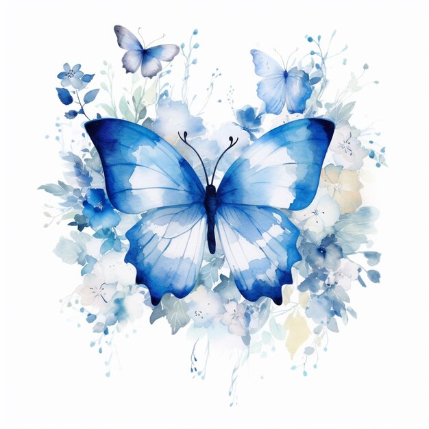 c'è una farfalla blu con ali bianche e fiori blu generativo ai