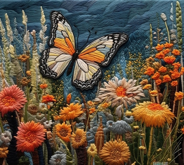 C'è una farfalla che è seduta su un campo di fiori generativo ai