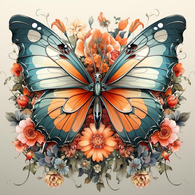 C'è una farfalla con ali arancioni e blu seduta su una composizione floreale ai generativa