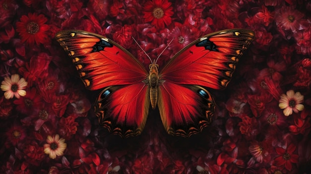 C'è una farfalla rossa che è seduta su un fiore rosso ai generativo