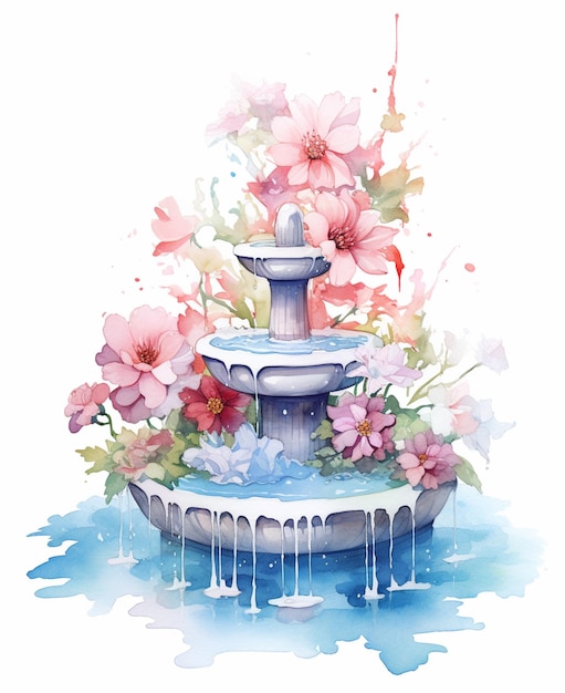c'è una fontana d'acqua con fiori su di essa e un uccello in cima generativo ai