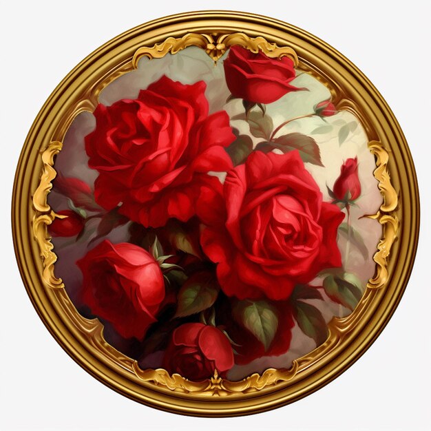 C'è una foto di un dipinto di rose rosse in una cornice dorata generativa ai