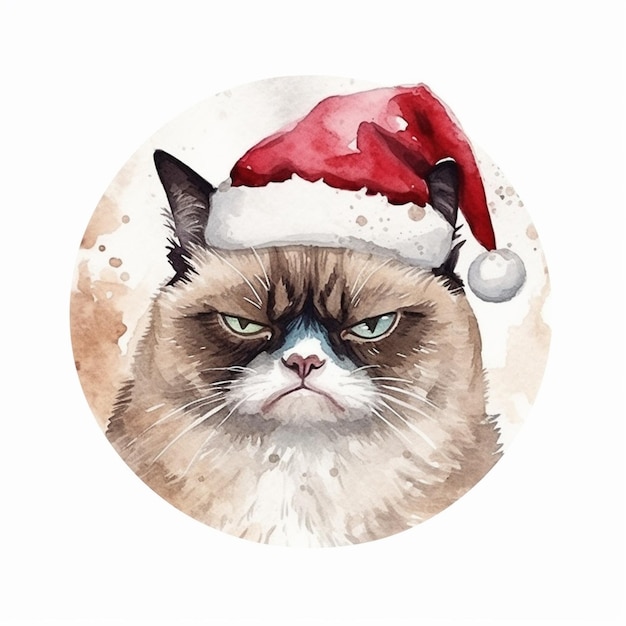 C'è una foto di un gatto scontroso che indossa un cappello da Babbo Natale generativo ai
