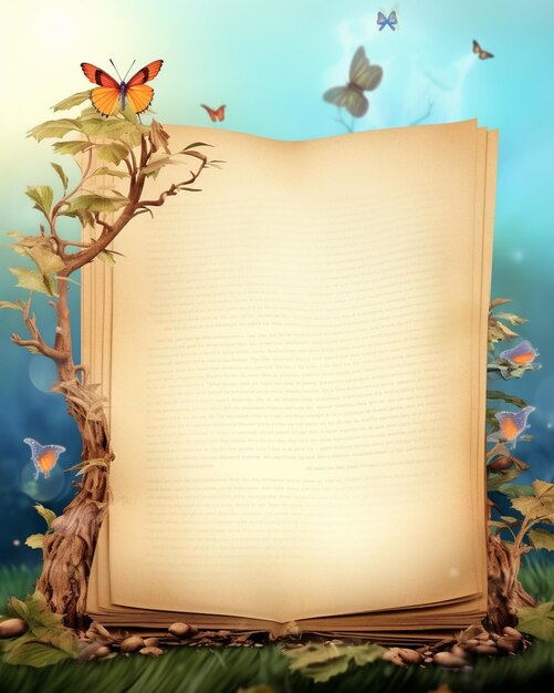 c'è una foto di un libro con una farfalla su di esso generativo ai