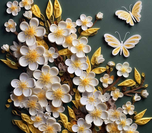 C'è una foto di una composizione floreale di carta con farfalle generative ai