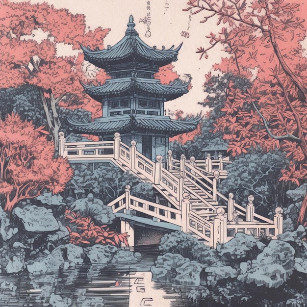 C'è una foto di una pagoda nel mezzo di un parco generativo ai