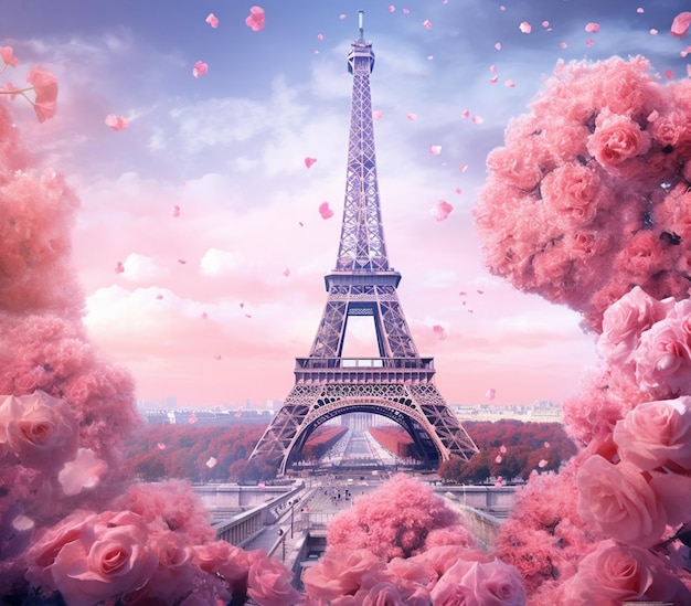 C'è una foto di una torre eiffel rosa con fiori rosa generativa ai