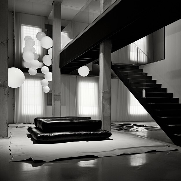c'è una foto in bianco e nero di un soggiorno con una scala generativa ai