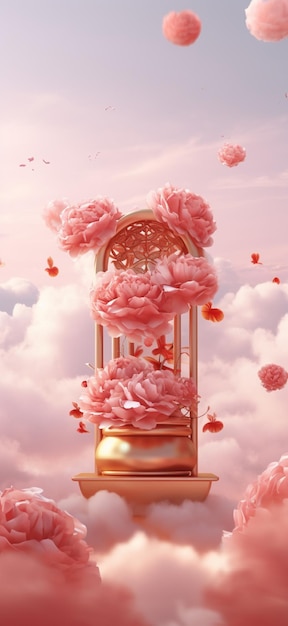 c'è una gabbia per uccelli con fiori rosa che galleggia nel cielo