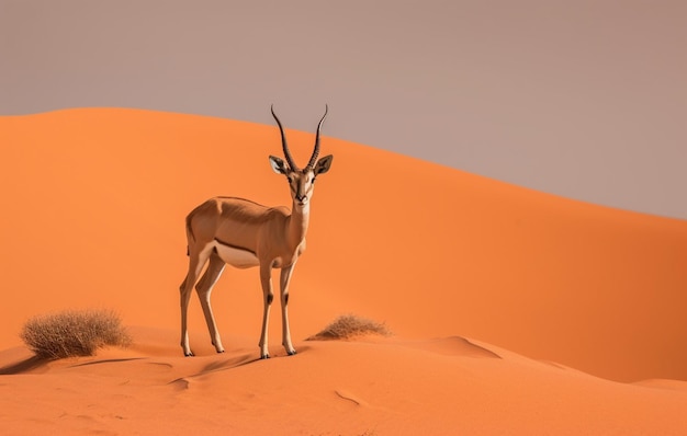 C'è una gazzella in piedi nel deserto con uno sfondo celeste generativo ai