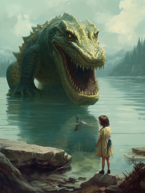 C'è una giovane ragazza in piedi di fronte a un gigantesco dinosauro generativo ai