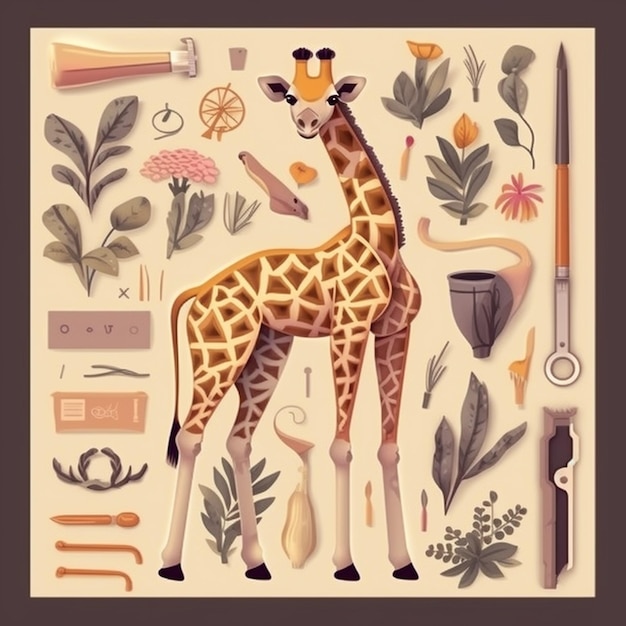 c'è una giraffa in piedi di fronte a un gruppo di oggetti generativi ai.