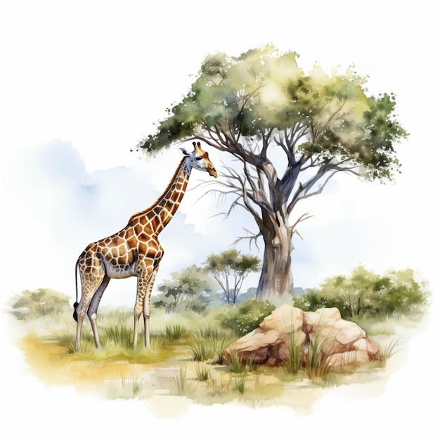 C'è una giraffa in piedi nell'erba vicino a un albero generativo ai