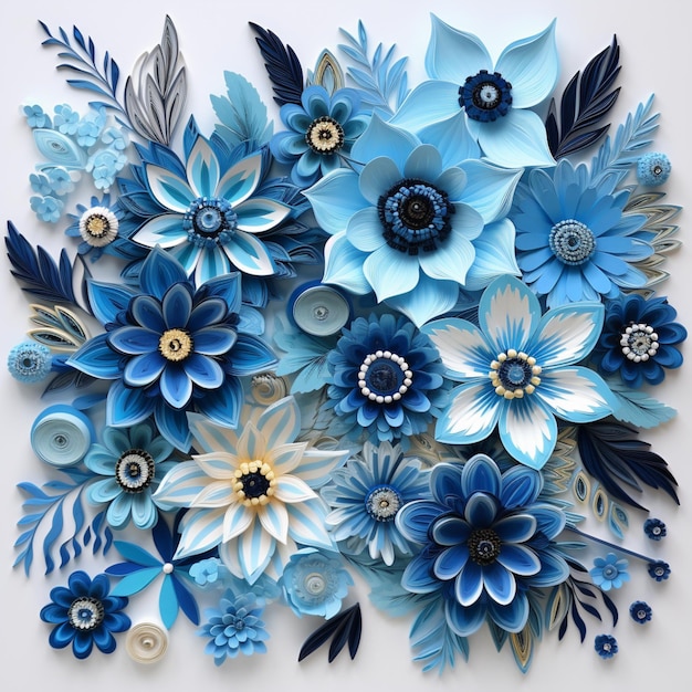 c'è una grande disposizione di fiori blu su una superficie bianca generativa ai